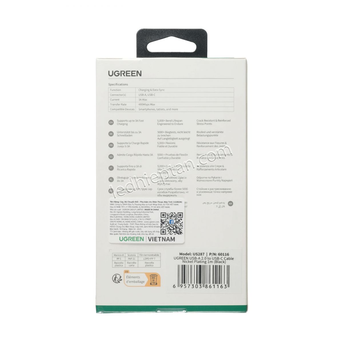 Dây USB 2.0 sang USB Type-C dài1M Ugreen (60116)
